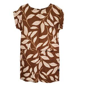 Garnet Hill Womens Brown Leaf Pattern Meraki Linen Dress Short Sleeve Size S